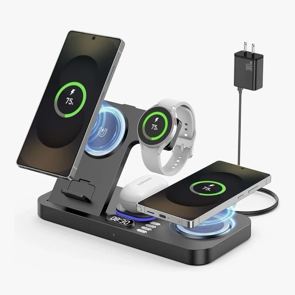NEW Magnetic Wireless Charger for Samsung, 6 in 1 Charging Station With Clock